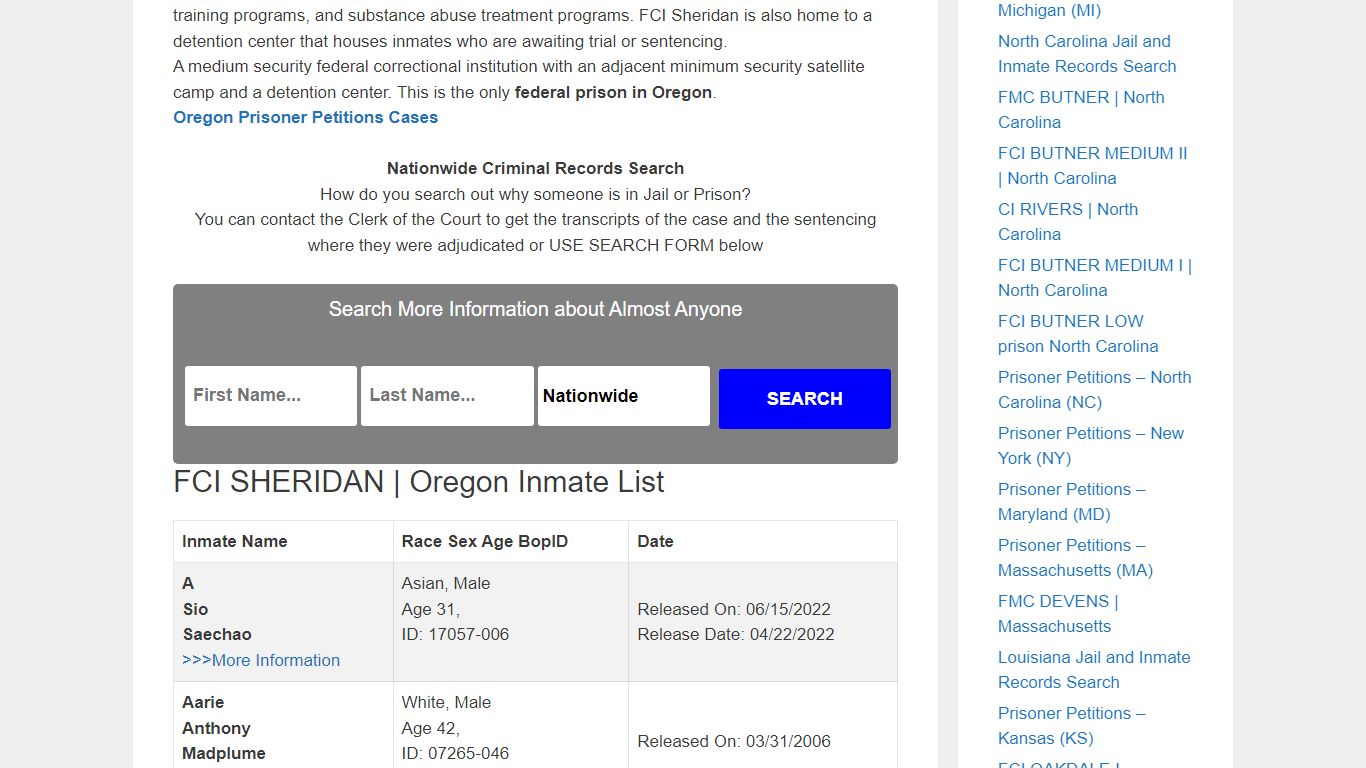 FCI SHERIDAN | Oregon – Inmate Releases