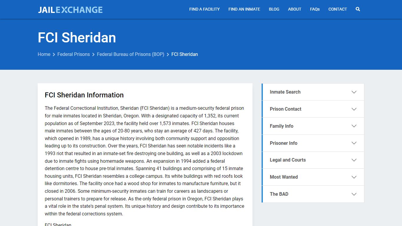 Federal Inmate Search - FCI Sheridan - Jail Exchange