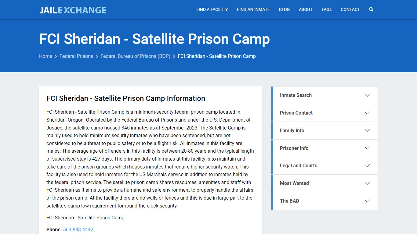 Federal Inmate Search - FCI Sheridan - Satellite Prison Camp